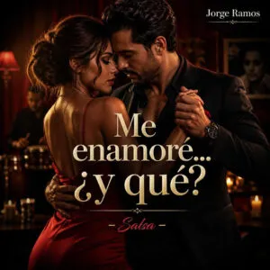 Portada con estética de salsa romántica: pareja bailando en abrazo cercano o piano y trompeta iluminados por luces cálidas.