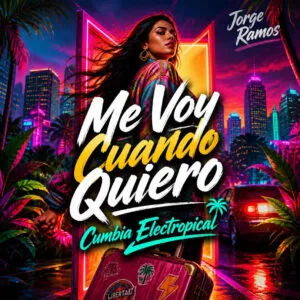 Portada figura segura alejándose de una pista nocturna con actitud firme, luces tropicales y urbanas.