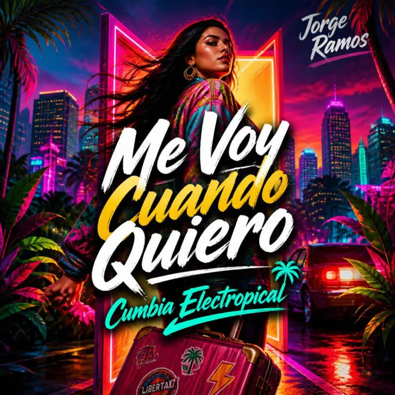 Portada figura segura alejándose de una pista nocturna con actitud firme, luces tropicales y urbanas.