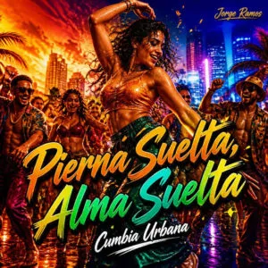 Portada pista llena de movimiento, gente bailando con libertad, luces tropicales y urbanas.