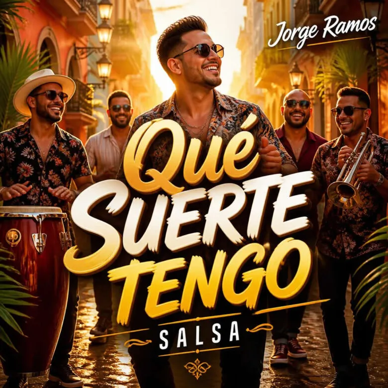 Portada on estética de salsa moderna alegre: persona o banda en una calle luminosa o diseño tipográfico cálido.