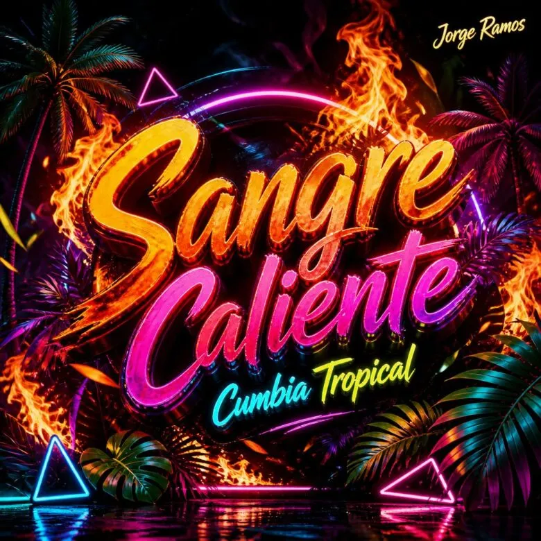 Portada con llamas y formas neón que evocan una fiesta tropical sobre fondo oscuro.