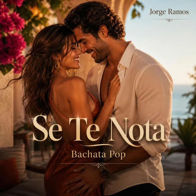 Portada “Se Te Nota”: luz cálida y limpia, pareja sonriendo y acercándose con calma en una pista suave; tonos ámbar y azul, atmósfera de paz y química sana; tipografía moderna y legible.