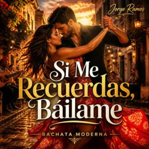 Portada pista nocturna íntima con luz baja y brillo cálido; siluetas bailando bachata con espacio y elegancia.
