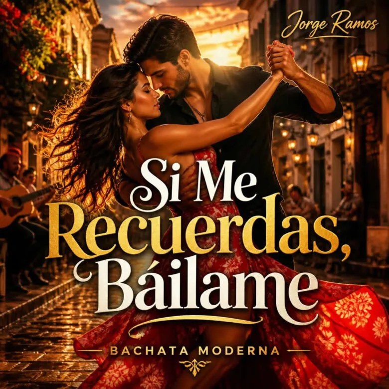 Portada pista nocturna íntima con luz baja y brillo cálido; siluetas bailando bachata con espacio y elegancia.