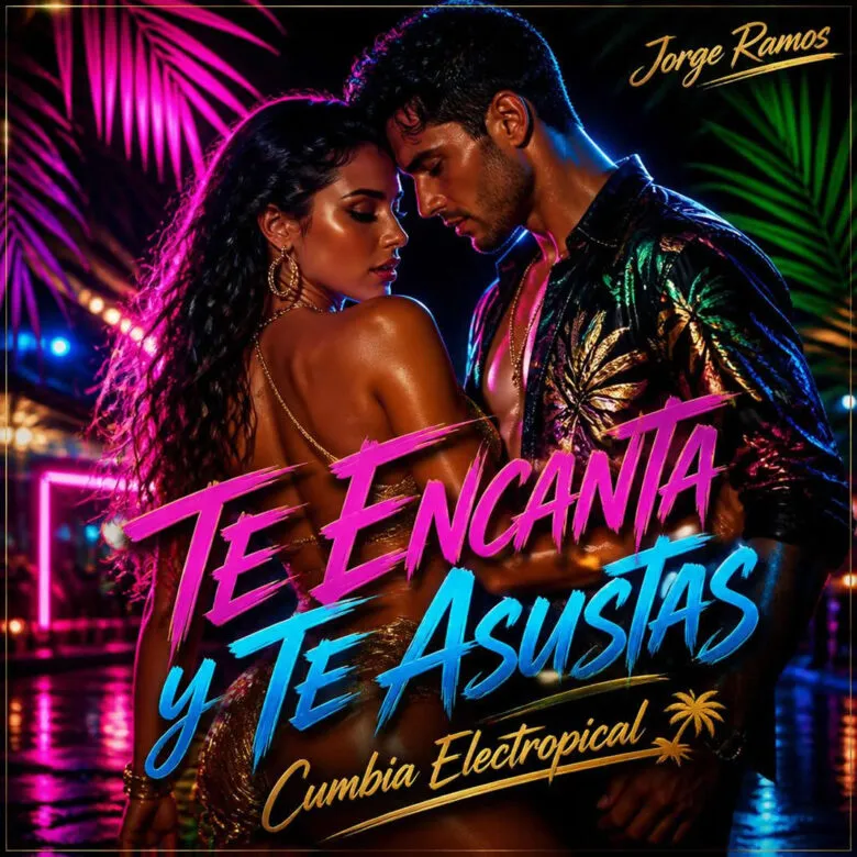 Portada pista nocturna con luces neón tropicales, dos figuras en tensión de baile, mirada coqueta.
