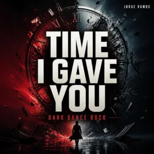 Portada premium de dark dance rock: escenario nocturno casi vacío con suelo negro reflectante, una figura firme bajo.