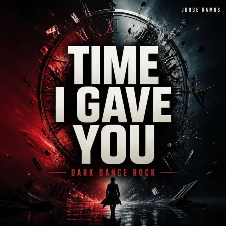 Portada premium de dark dance rock: escenario nocturno casi vacío con suelo negro reflectante, una figura firme bajo.