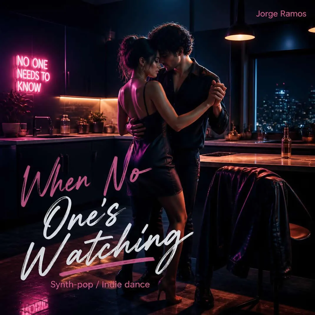 Portada pareja bailando en una cocina nocturna con luz suave de neón, composición íntima y cinematográfica, chaquetas sobre una silla.