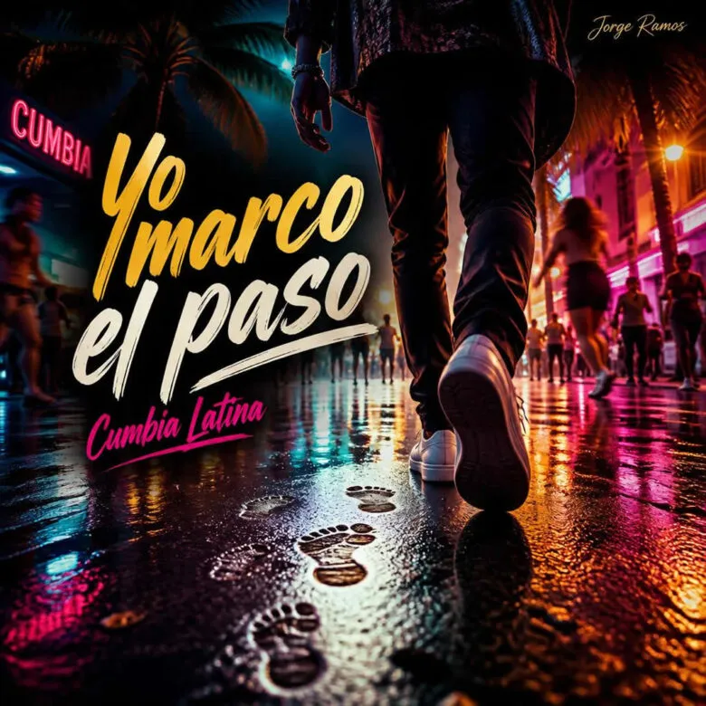 Portada figura segura marcando el paso en una pista festiva, acordeón tropical sugerido.