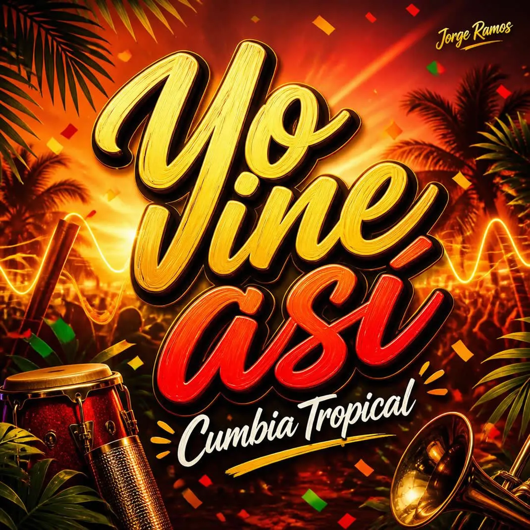 Portada figura segura entrando al centro de una fiesta latina con actitud alegre, luces cálidas.