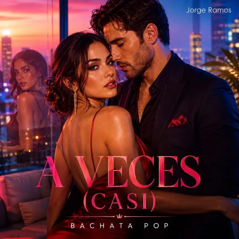 Portada “A veces (casi)”: siluetas o telas magenta–índigo con bokeh nocturno; tipografía elegante y mood íntimo, sin instrumentos visibles.
