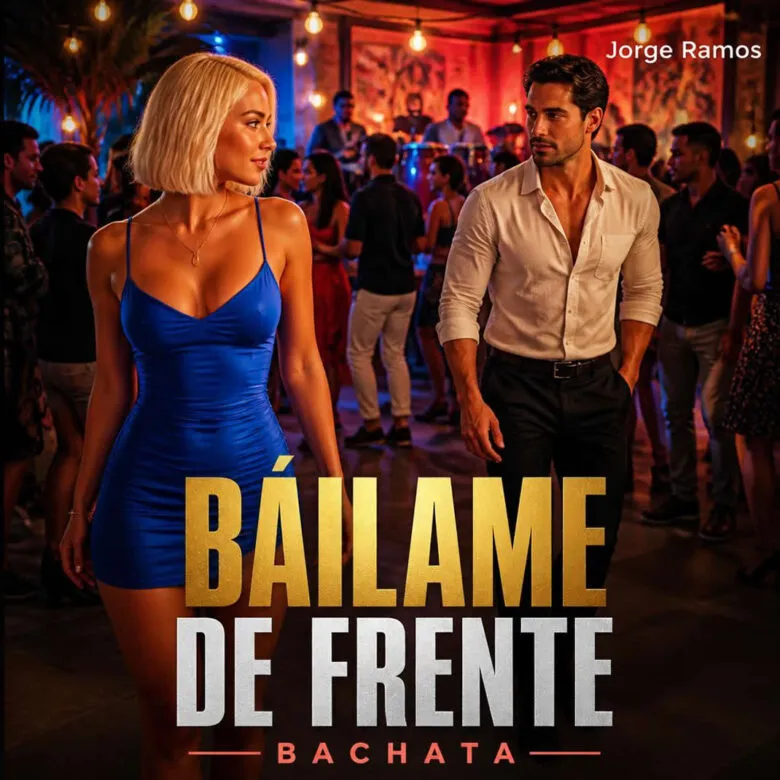 Portada de “Báilame de Frente”: parejas bailando bachata de frente sobre una pista iluminada en magenta y naranja, con el título en tipografía blanca centrada.