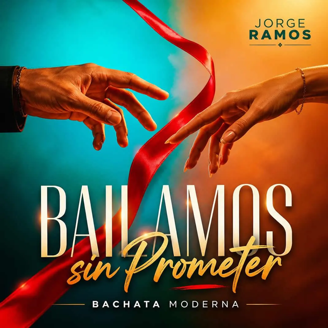 Portada del single “Bailamos sin Prometer” de Jorge Ramos, con una pareja o silueta bailando suavemente frente a una ventana nocturna o sobre un fondo degradado romántico, transmitiendo intimidad sin promesas, con el título destacado en la parte superior.