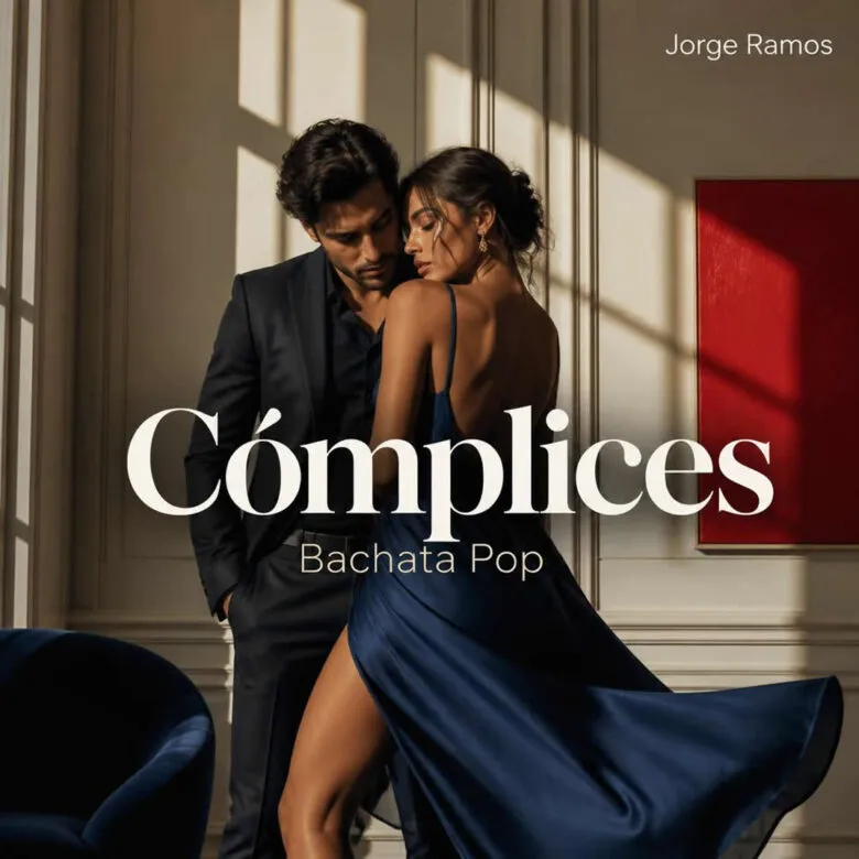Portada “Cómplices”: estética bachata moderna con brillo pop/dance; sensación elegante y urbana, tipografía clara y atmósfera de química, respeto y complicidad sin presión.