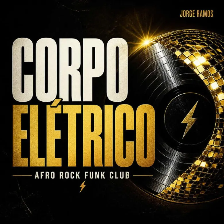 Portada cuadrada futurista y nocturna: silueta en movimiento con luces neón, textura eléctrica y contraste alto; sensación de cuerpo encendido y groove físico; título “Corpo Elétrico” legible.