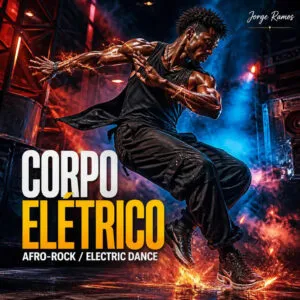 Portada cuadrada futurista y nocturna: silueta en movimiento con luces neón, textura eléctrica y contraste alto; sensación de cuerpo encendido y groove físico; título “Corpo Elétrico” legible.