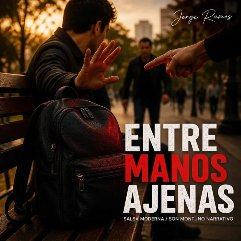 Portada de “Entre Manos Ajenas” con un hombre sentado sosteniendo una mochila bajo una luz intensa, ambiente nocturno y dramático que refleja una historia de advertencia.