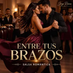 Portada romántica futurista de “Entre Tus Brazos” de Jorge Ramos, con siluetas y luces neón sobre un fondo nocturno tropical.