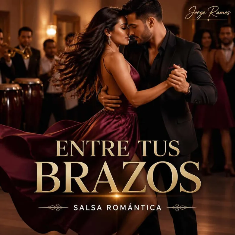 Portada romántica futurista de “Entre Tus Brazos” de Jorge Ramos, con siluetas y luces neón sobre un fondo nocturno tropical.