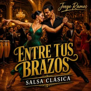 Portada cuadrada de salsa romántica moderna: ambiente nocturno elegante, dos siluetas bailando pegadas con luz cálida, sensación íntima y sofisticada; título “Entre Tus Brazos” legible.