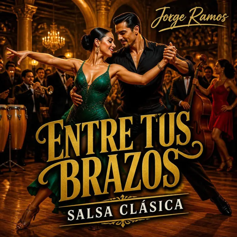 Portada cuadrada de salsa romántica moderna: ambiente nocturno elegante, dos siluetas bailando pegadas con luz cálida, sensación íntima y sofisticada; título “Entre Tus Brazos” legible.