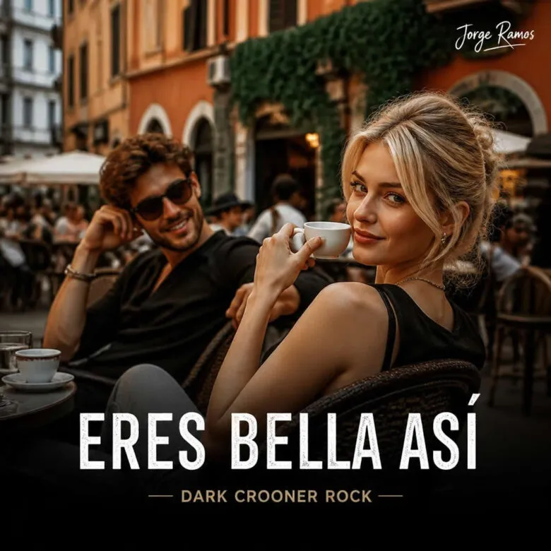 Portada premium de dark crooner rock y noir rock una mujer elegante en primer plano bajo luz cálida lateral, mirada serena y segura, vestido negro satinado, fondo de club nocturno con piano de cola en sombra y guitarra eléctrica desenfocada.