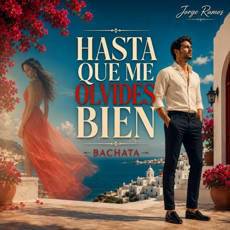Portada del single “Hasta Que Me Olvides Bien” de Jorge Ramos, con una mujer rubia europea de espaldas mirando por una ventana nocturna o una guitarra junto a una foto rota en un salón moderno, atmósfera de despedida firme, y el título en la parte superior.