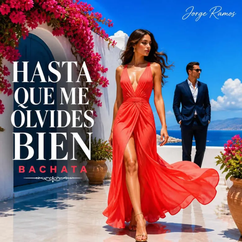 Portada del single “Hasta Que Me Olvides Bien” de Jorge Ramos, con una mujer rubia europea de espaldas mirando por una ventana nocturna o una guitarra junto a una foto rota en un salón moderno, atmósfera de despedida firme, y el título en la parte superior.