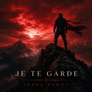 Portada “Je Te Garde”: luz cálida y atmósfera serena; figura caminando en una calle nocturna con un brillo suave en el pecho o una nota/luz como recuerdo, tipografía limpia en francés y mood de lealtad, calma y amor a distancia.