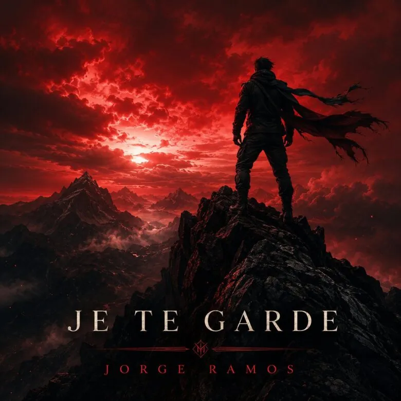 Portada “Je Te Garde”: luz cálida y atmósfera serena; figura caminando en una calle nocturna con un brillo suave en el pecho o una nota/luz como recuerdo, tipografía limpia en francés y mood de lealtad, calma y amor a distancia.