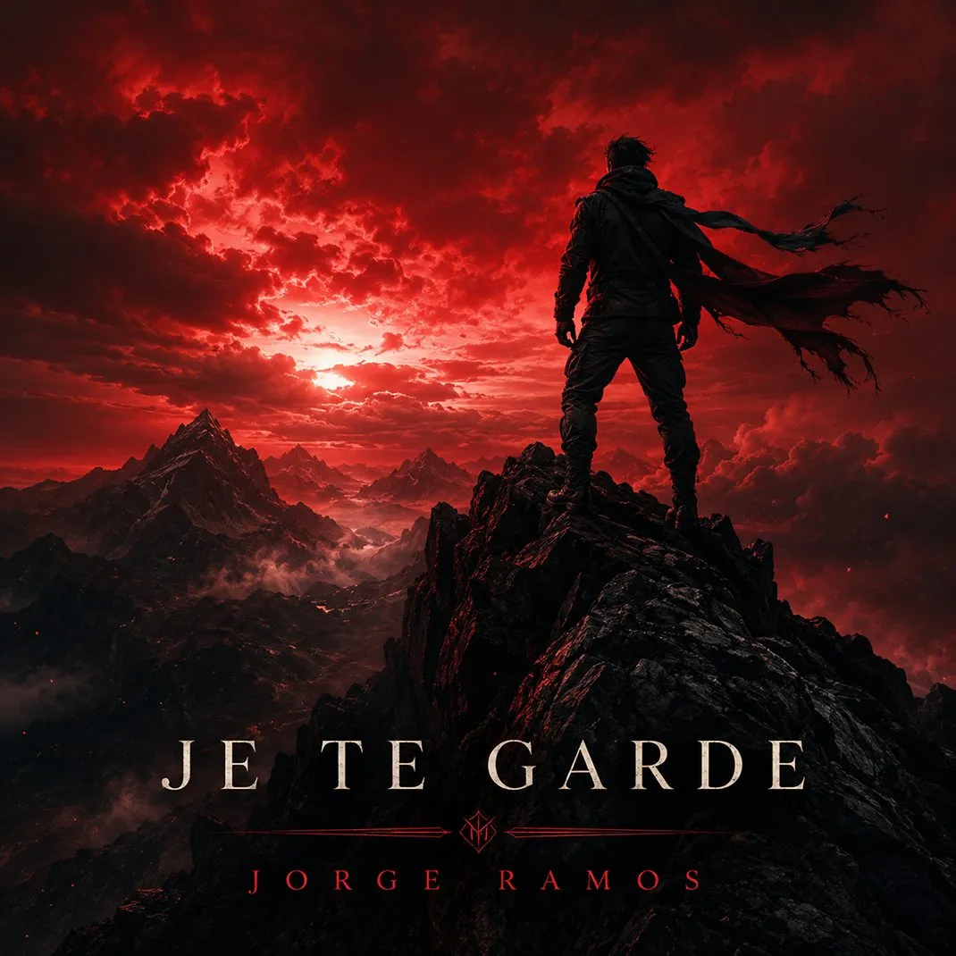 Portada “Je Te Garde”: luz cálida y atmósfera serena; figura caminando en una calle nocturna con un brillo suave en el pecho o una nota/luz como recuerdo, tipografía limpia en francés y mood de lealtad, calma y amor a distancia.