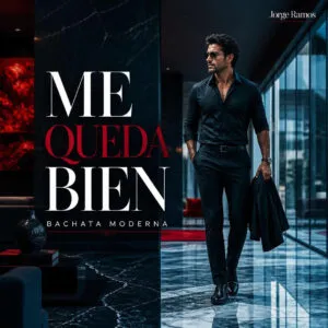Portada cuadrada de bachata moderna con estética elegante y segura: una figura caminando con calma bajo luces cálidas nocturnas.