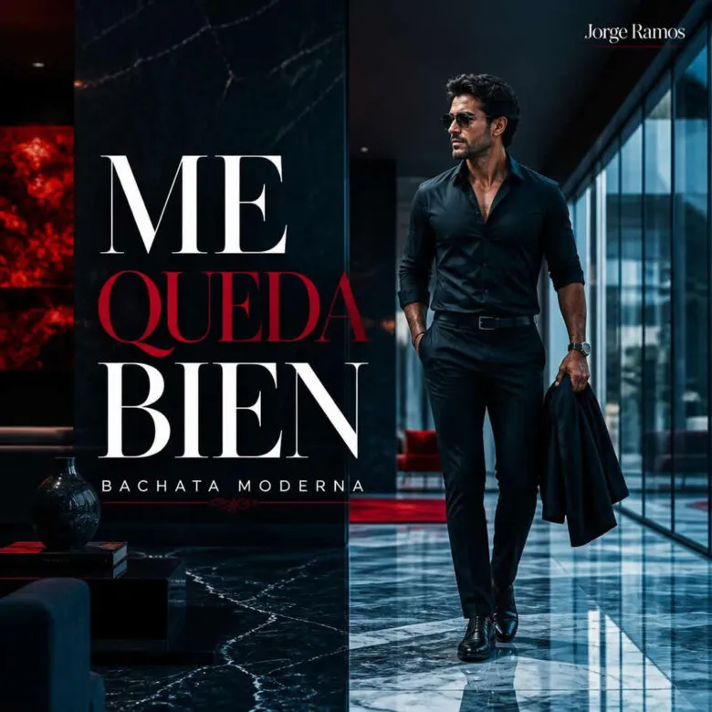 Portada cuadrada de bachata moderna con estética elegante y segura: una figura caminando con calma bajo luces cálidas nocturnas.