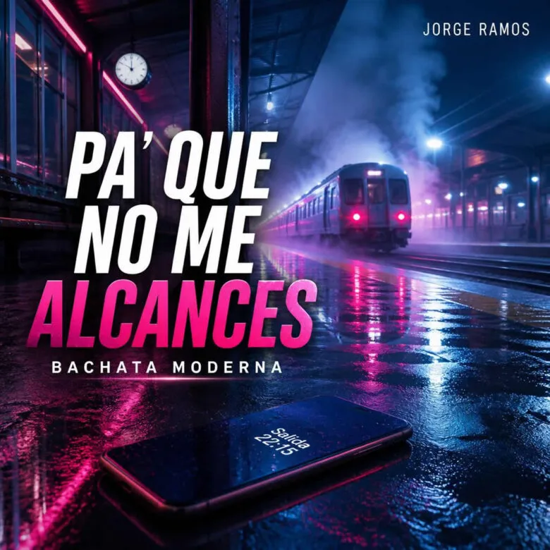 Portada “Pa’ que no me alcances”: carretera nocturna y horizonte lejano con luces cálidas; figura caminando de espaldas con chaqueta, sensación de distancia y decisión; tipografía fuerte y minimalista.