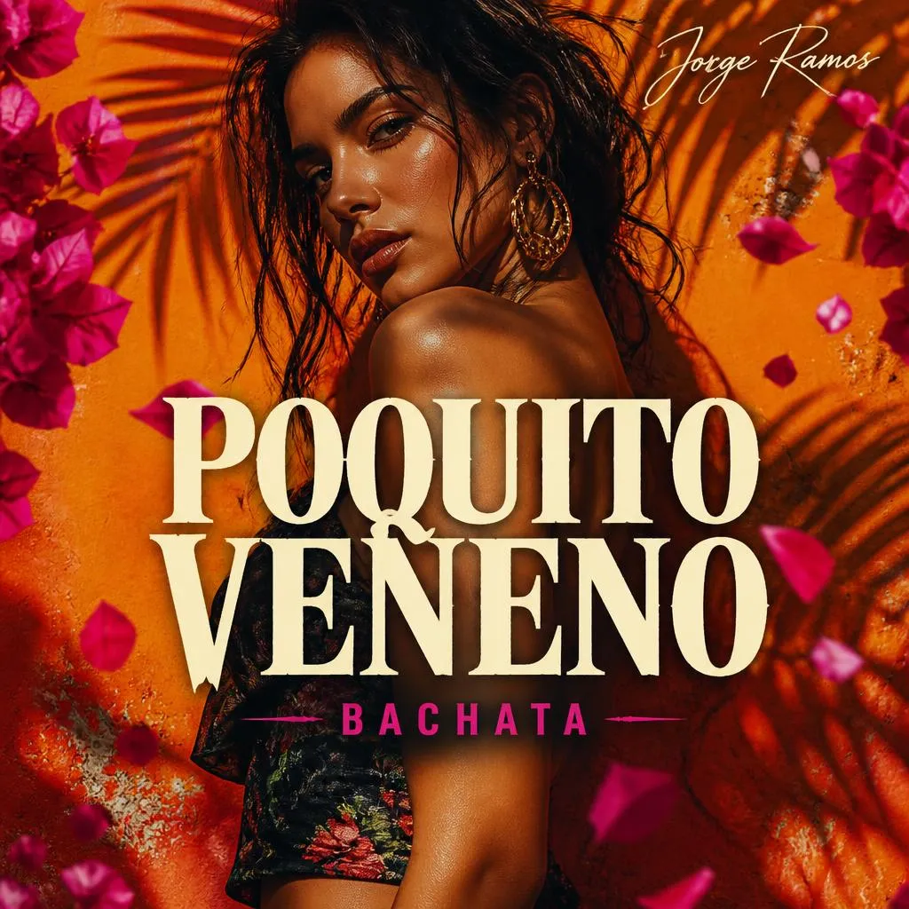 Portada cuadrada latina nocturna y coqueta: dos siluetas bailando cerca con luz cálida, ambiente elegante y un toque de malicia; título “Poquito Veneno” legible.