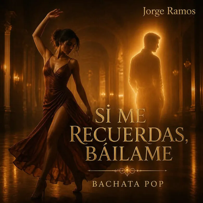 Portada pista nocturna íntima con luz baja y brillo cálido; siluetas bailando bachata con espacio y elegancia.