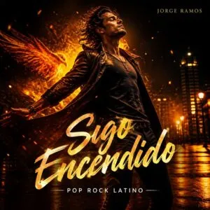 Portada cuadrada urbana enérgica y premium: figura carismática en movimiento con luces nocturnas cálidas, sensación de “fuego” y renacer; título “Sigo Encendido” en tipografía bold legible.