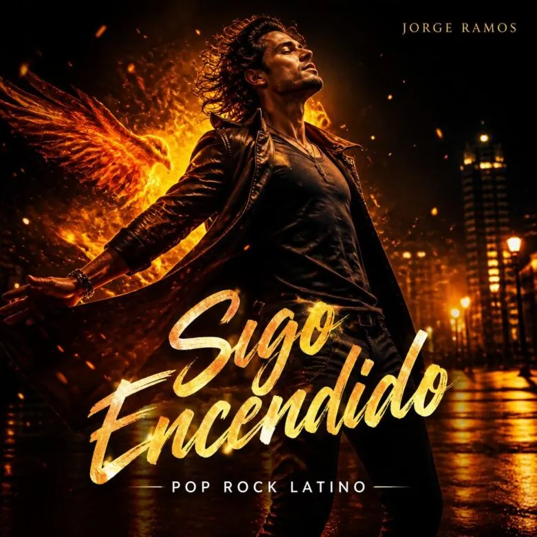 Portada cuadrada urbana enérgica y premium: figura carismática en movimiento con luces nocturnas cálidas, sensación de “fuego” y renacer; título “Sigo Encendido” en tipografía bold legible.