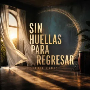 Portada cuadrada nocturna y elegante: silueta caminando ligera en una calle con bruma, luces cálidas y piano/percusión sugeridos en el ambiente; sensación de soltar y avanzar; título “Sin huellas para regresar” legible.