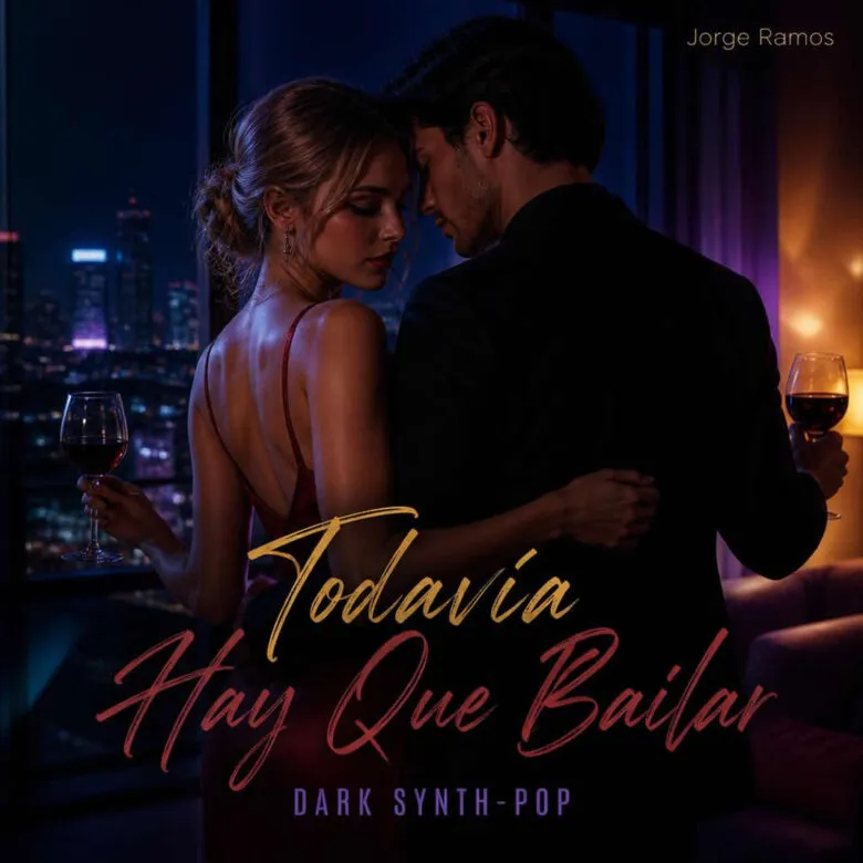 Portada pareja compartiendo una noche íntima con dos copas, luces de ciudad, sensación de baile privado
