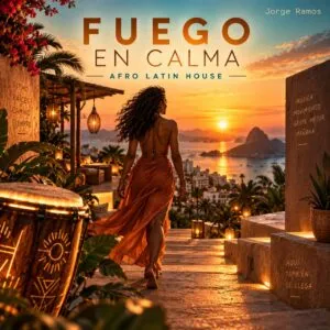 Portada cuadrada de afro/latino house nocturno: atmósfera urbana elegante, luces cálidas con sombras, silueta firme avanzando; sensación de calma con fuego interno; título “Fuego en Calma” legible.