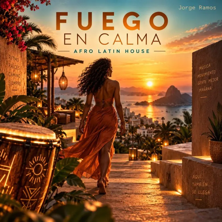 Portada cuadrada de afro/latino house nocturno: atmósfera urbana elegante, luces cálidas con sombras, silueta firme avanzando; sensación de calma con fuego interno; título “Fuego en Calma” legible.
