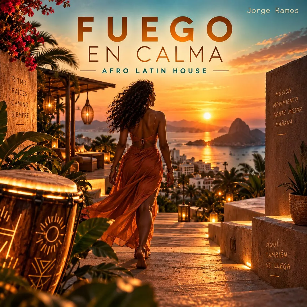 Portada cuadrada de afro/latino house nocturno: atmósfera urbana elegante, luces cálidas con sombras, silueta firme avanzando; sensación de calma con fuego interno; título “Fuego en Calma” legible.